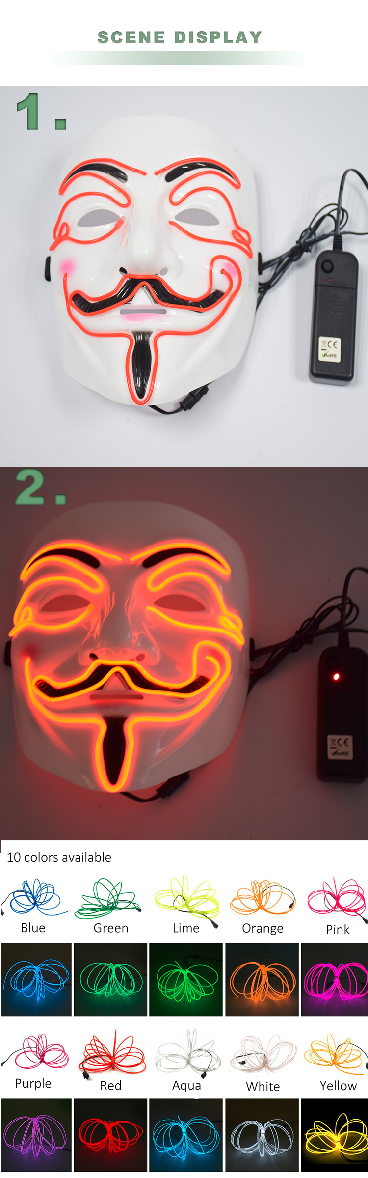 Maskarada e frikshme e festave të karnavaleve LED për Halloween ndriçon maska ​​​​për pastrimin e plotë të fytyrës me neoni EL