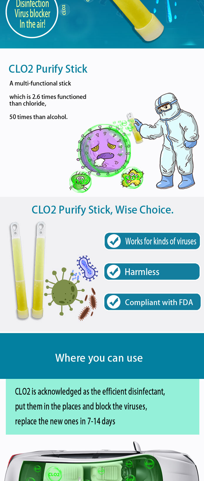 Chlorine Dioxide Car Sterilize Stick Disinfection CLO2 Handbag disinfection  Non-toxic indoor